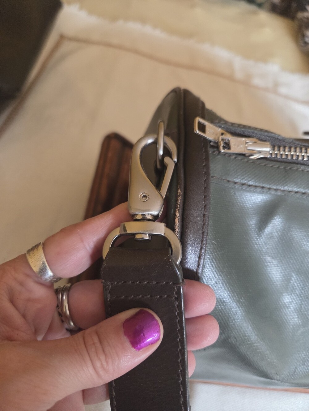 Club Monaco Olive Green Duffel with Blue and Yellow Center Stripe - Picture 5 of 7